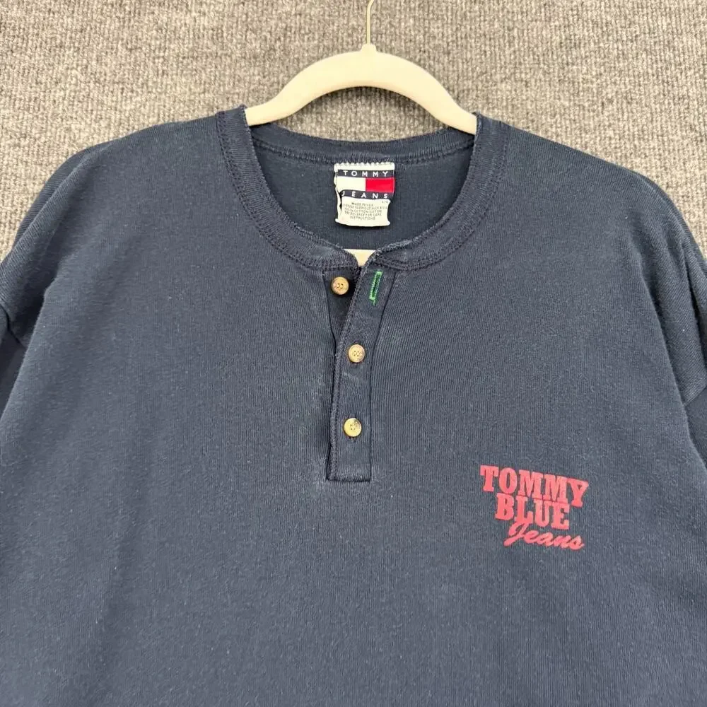 Vintage 90s Tommy Hilfiger Tommy Jeans Henley Shirt Mens L Navy Made In USA